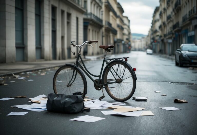 A bicicleta abandonada de Simon Jacques está no meio de uma rua deserta, cercada por papéis espalhados e uma bolsa caída. Uma sensação de mistério e confusão paira no ar.