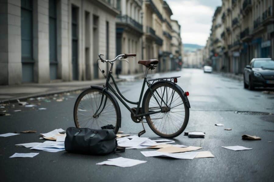 A bicicleta abandonada de Simon Jacques está no meio de uma rua deserta, cercada por papéis espalhados e uma bolsa caída. Uma sensação de mistério e confusão paira no ar.