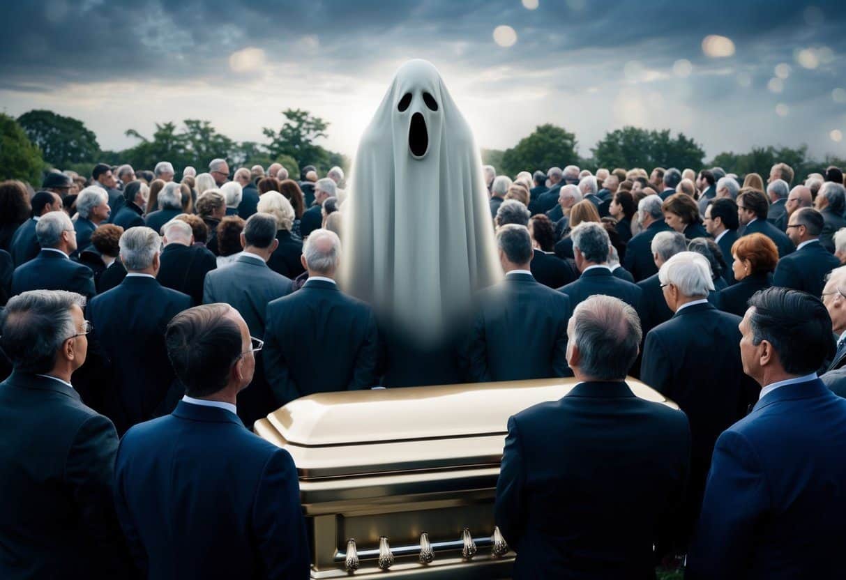 Uma figura fantasmagórica paira sobre uma reunião sombria de enlutados em um funeral, observando seu próprio corpo sem vida no caixão.