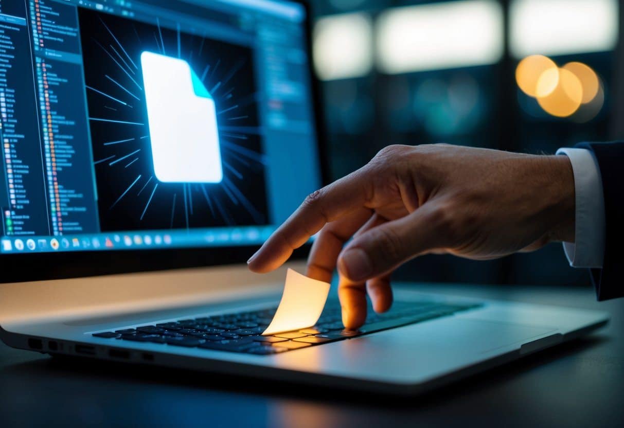 Como abrir um ficheiro desconhecido? Uma mão se estendendo em direção a um arquivo misterioso e brilhante na tela do computador