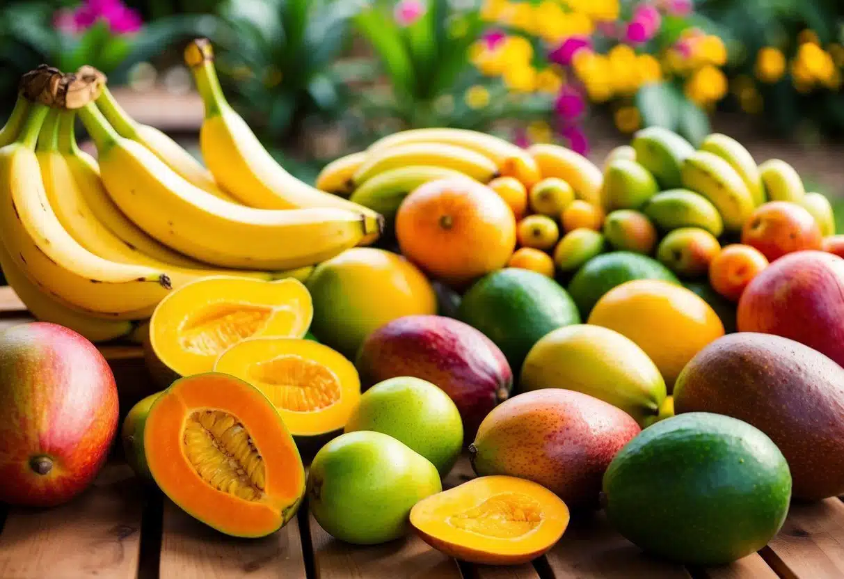 Uma variedade colorida de frutas que não são ácidas, maduras e doces, como bananas, mangas maduras e papaias maduras, dispostas sobre uma mesa de madeira.