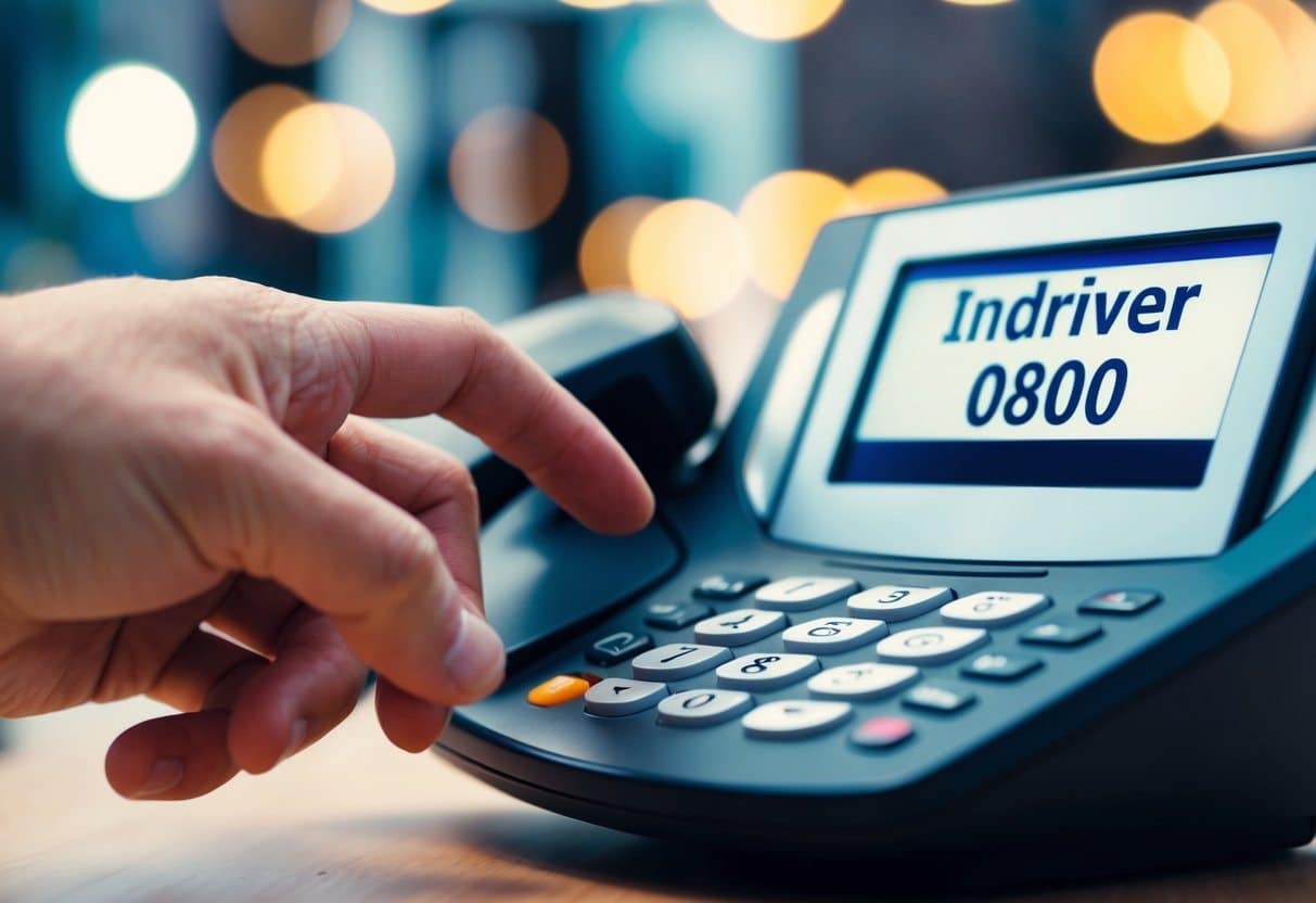 Uma mão alcançando um telefone com o número "indriver 0800" exibido na tela