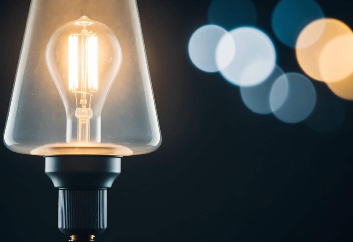 Lâmpada Não Apaga Totalmente, está parcialmente acesa com um brilho fraco, cercada pela escuridão, simbolizando energia desperdiçada