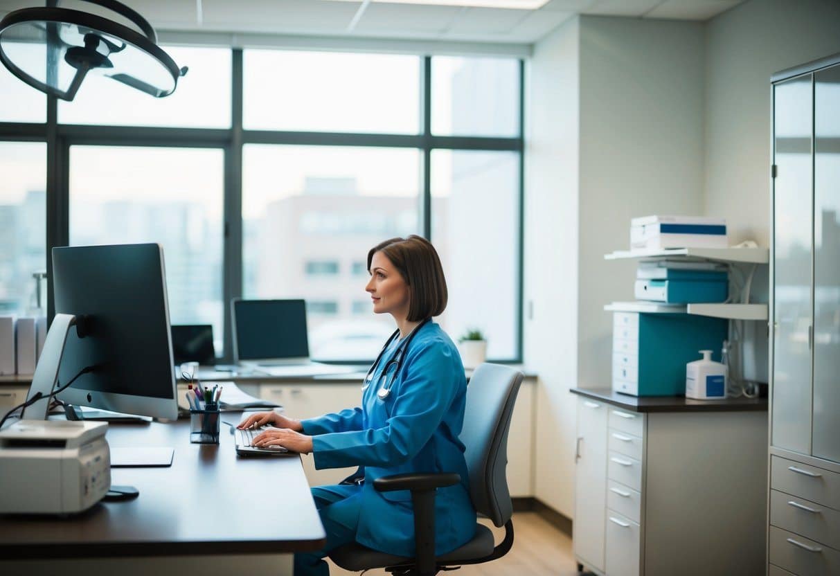 Dr. Nowzaradan. Um consultório médico com uma mesa, computador e equipamentos médicos