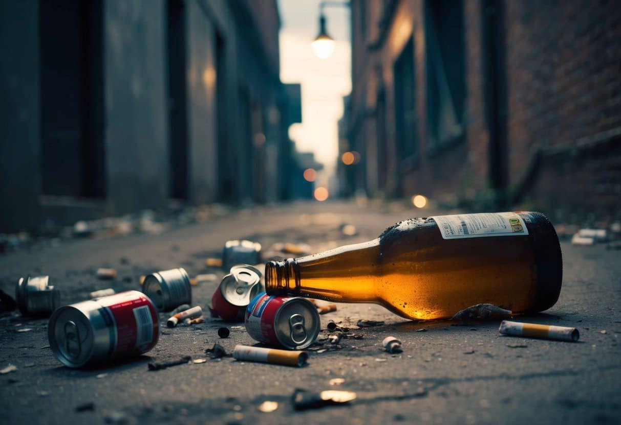 Uma garrafa de cerveja quebrada está deitada no chão, cercada por latas vazias e bitucas de cigarro. A luz fraca do poste lança um brilho sombrio na rua abandonada.