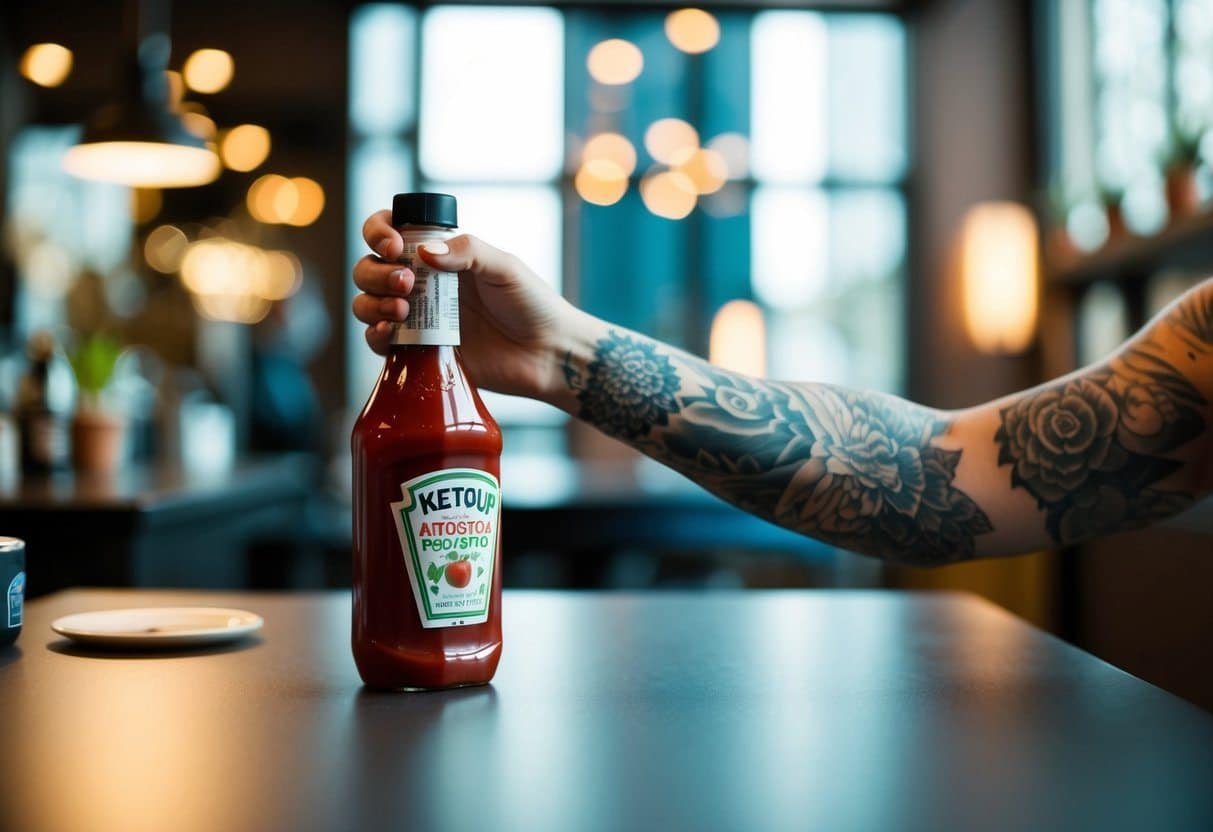 Pode comer ketchup depois de fazer tatuagem? Um braço tatuado e fresco alcançando uma garrafa de ketchup em uma mesa