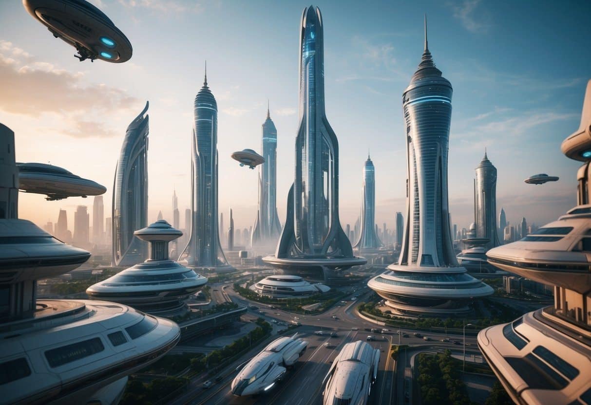 A cena se passa em uma cidade futurista com arranha-céus imponentes e tecnologia avançada, exibindo uma metrópole movimentada com veículos voadores e ruas movimentadas.