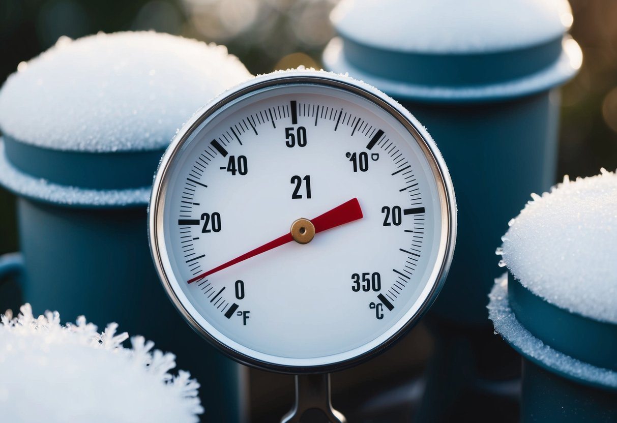 Um termômetro mostrando 21 graus com geada em objetos próximos