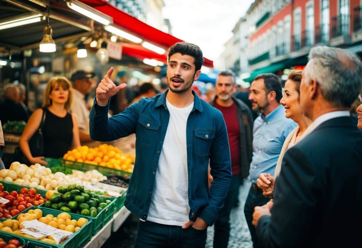 Um jovem gesticula e fala com um grupo de pessoas em um movimentado mercado ao ar livre em Portugal.