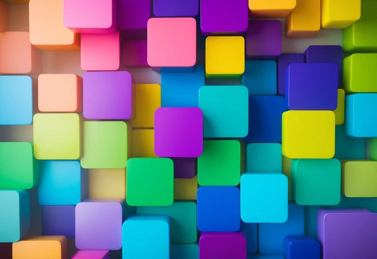 Anti Banding: Uma variedade colorida de formas geométricas sobrepostas em um ambiente digital, com gradientes suaves e sem banding visível.