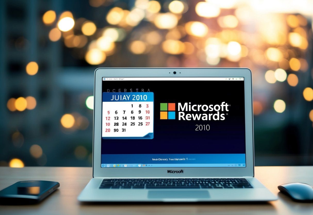 Uma tela de computador exibe o logo do Microsoft Rewards e um calendário com o ano de 2010 destacado.