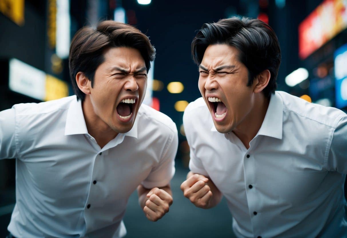 Dois personagens gritando insultos em japonês, com expressões de raiva e linguagem corporal agressiva