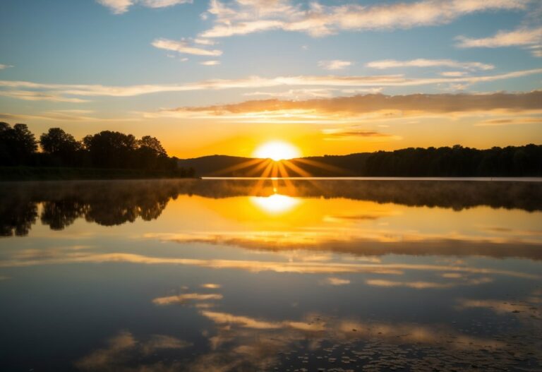 Código da Cor Dourada no Canva: Um pôr do sol dourado sobre um lago sereno, refletindo os tons quentes na água e na paisagem ao redor