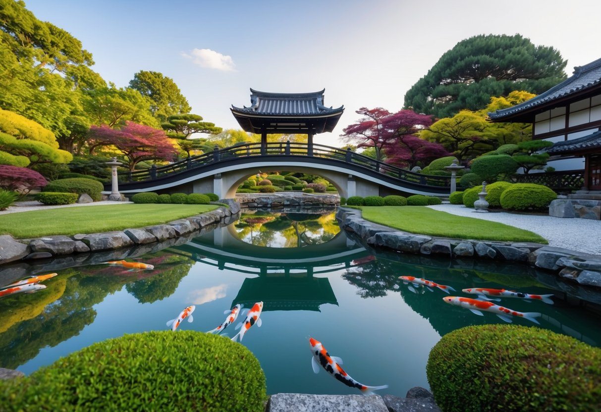 Um jardim japonês tradicional com um lago sereno, peixes koi coloridos e uma ponte elegantemente arqueada.