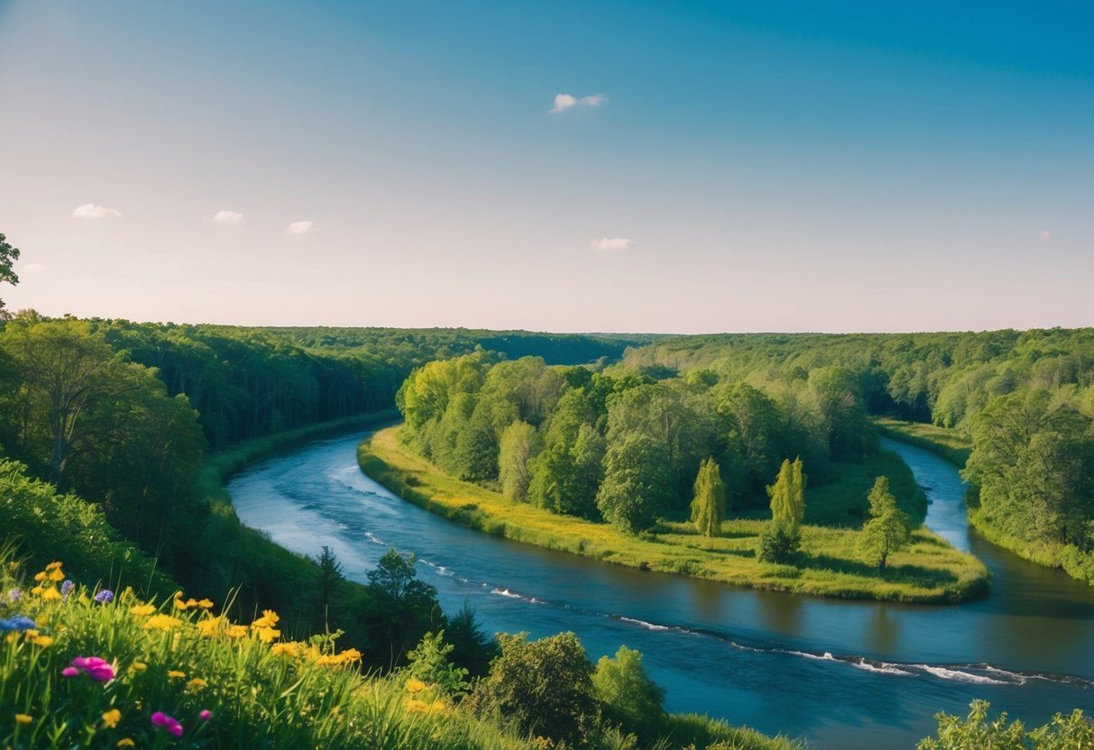 Uma floresta serena com um rio sinuoso, cercada por uma vegetação exuberante e flores coloridas, sob um céu azul claro