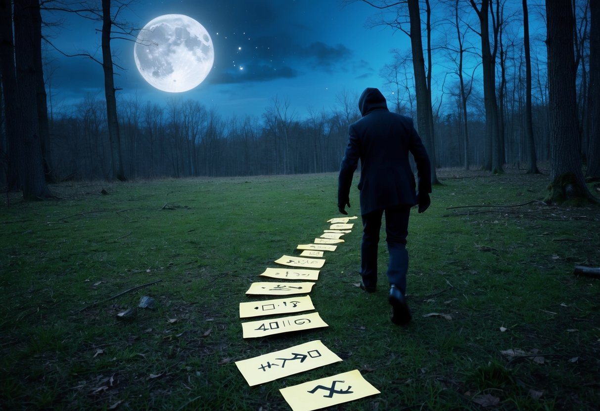 Uma figura misteriosa deixando um rastro de notas e símbolos enigmáticos em uma clareira de floresta iluminada pela lua