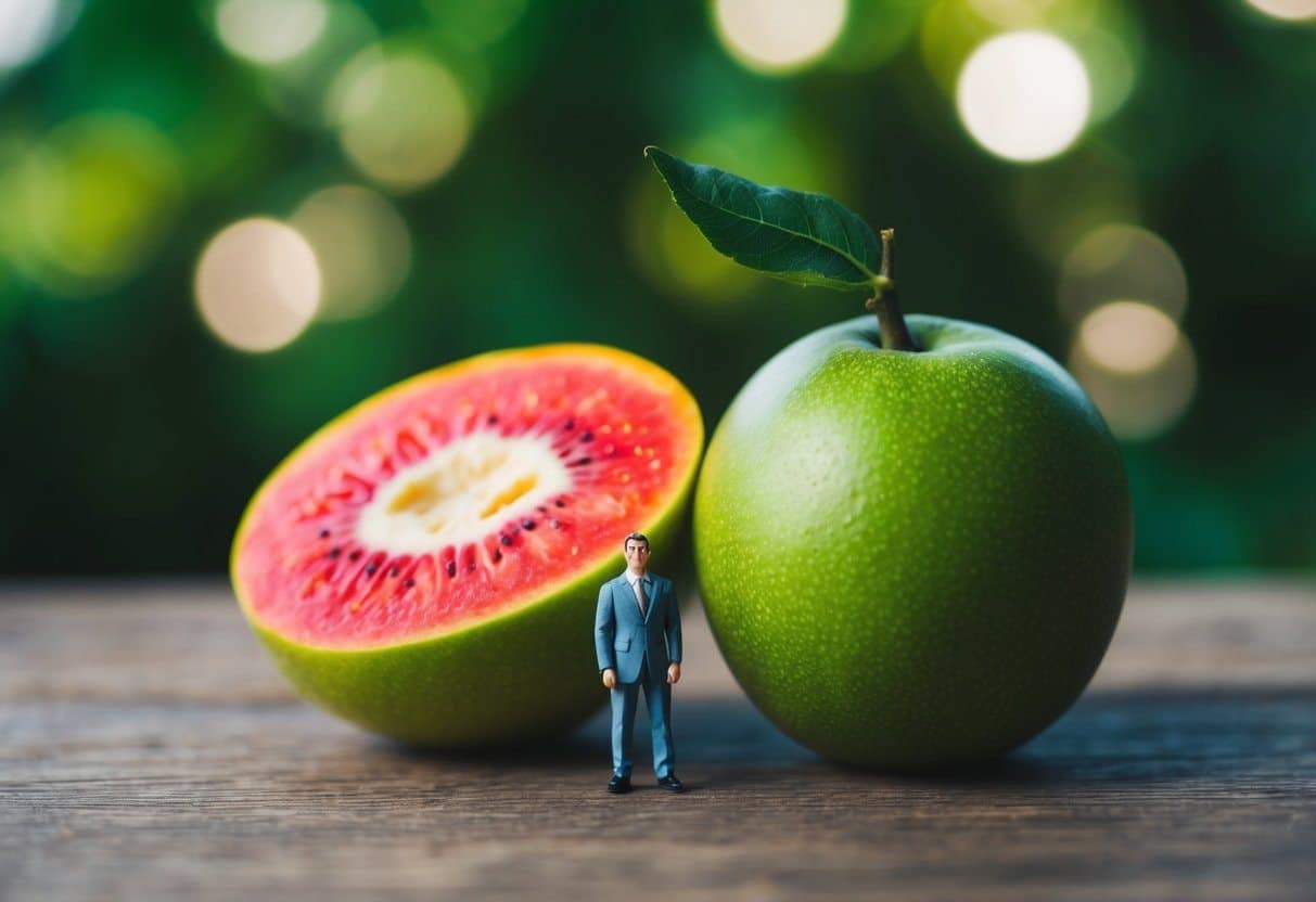 Uma figura minúscula ao lado de uma fruta oversized, enfatizando seu pequeno tamanho