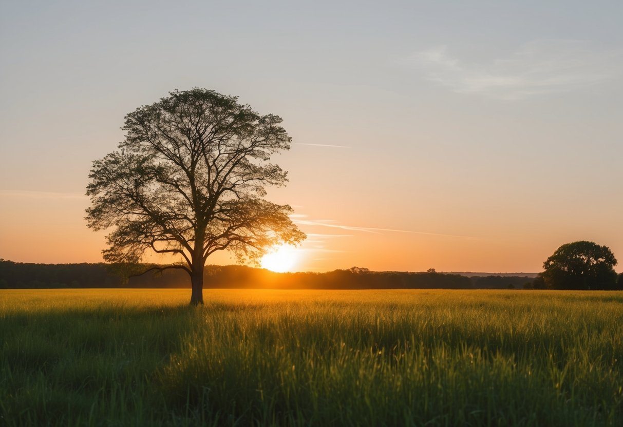 Uma pradaria tranquila ao pôr do sol, com uma árvore solitária e uma brisa suave