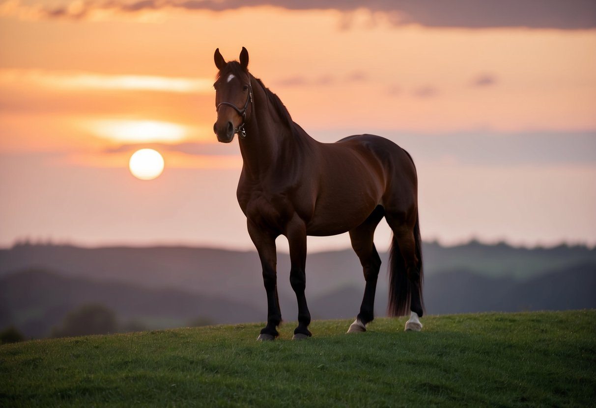Um cavalo majestoso em pé orgulhosamente em uma colina gramada, com o sol se pondo atrás dele, lançando um brilho quente sobre a paisagem