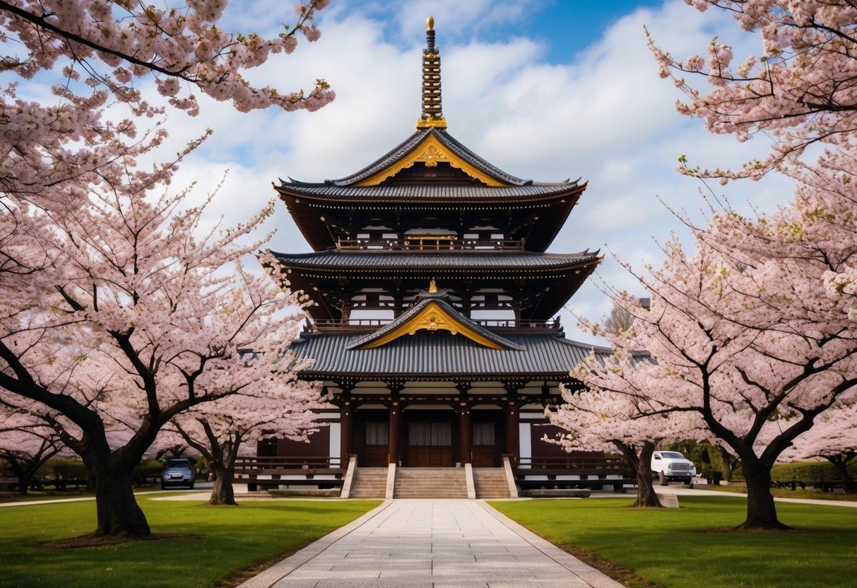 Um templo japonês tradicional cercado por árvores de cerejeira em plena floração