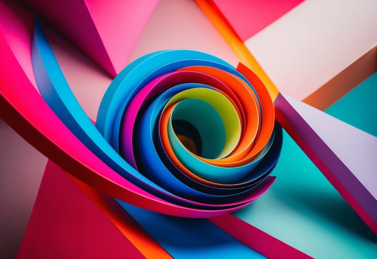 Cores vibrantes se entrelaçam em formas geométricas em uma composição abstrata dinâmica