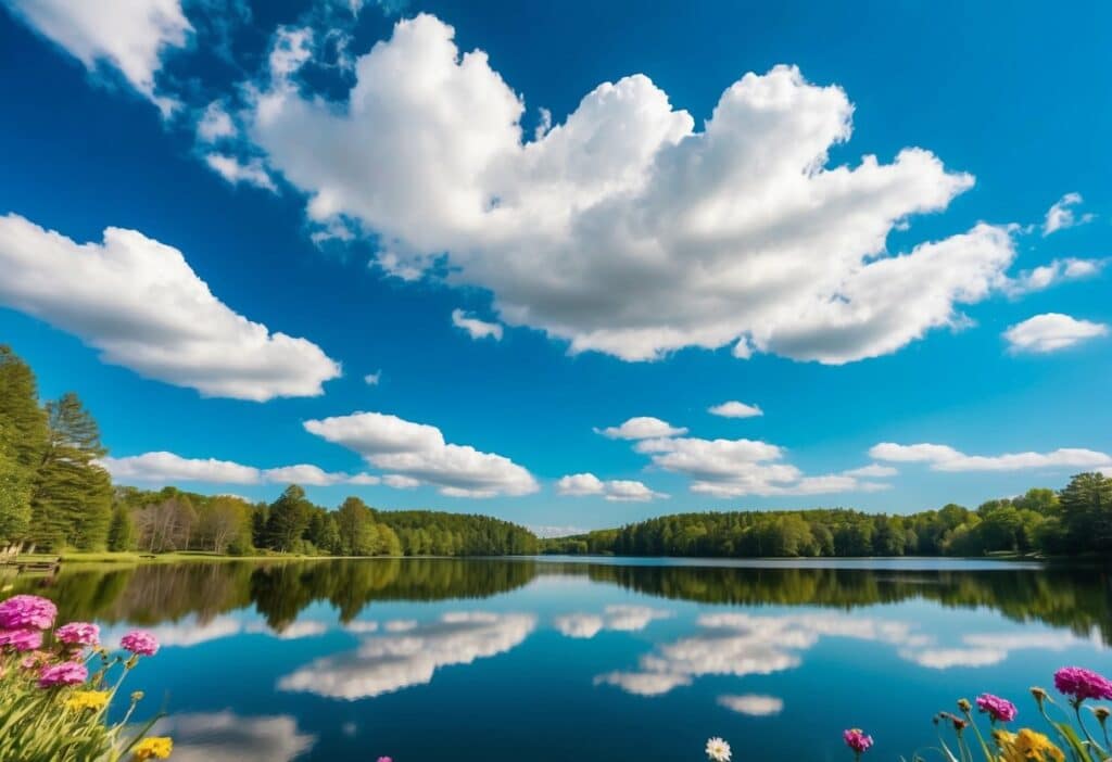 Um céu azul claro com nuvens brancas e fofas, com vista para um lago sereno refletindo as cores vibrantes das flores e árvores ao redor.