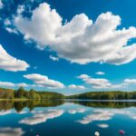 Um céu azul claro com nuvens brancas e fofas, com vista para um lago sereno refletindo as cores vibrantes das flores e árvores ao redor.