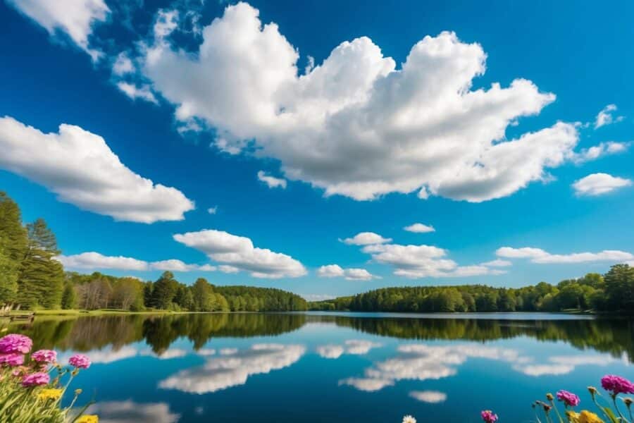 Um céu azul claro com nuvens brancas e fofas, com vista para um lago sereno refletindo as cores vibrantes das flores e árvores ao redor.