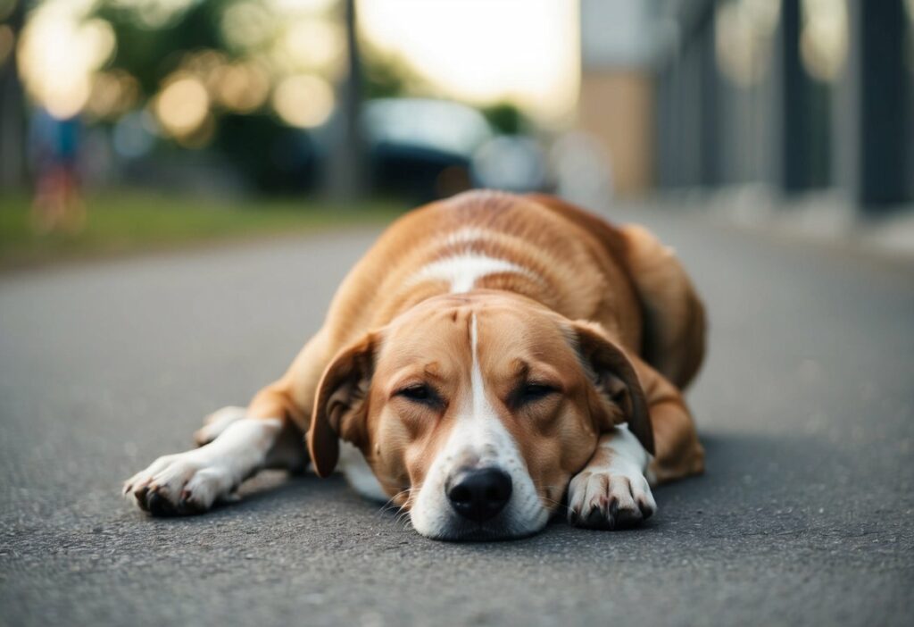 Um cachorro letárgico deitado no chão, respirando superficialmente e com um olhar vazio nos olhos.