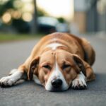 Um cachorro letárgico deitado no chão, respirando superficialmente e com um olhar vazio nos olhos.