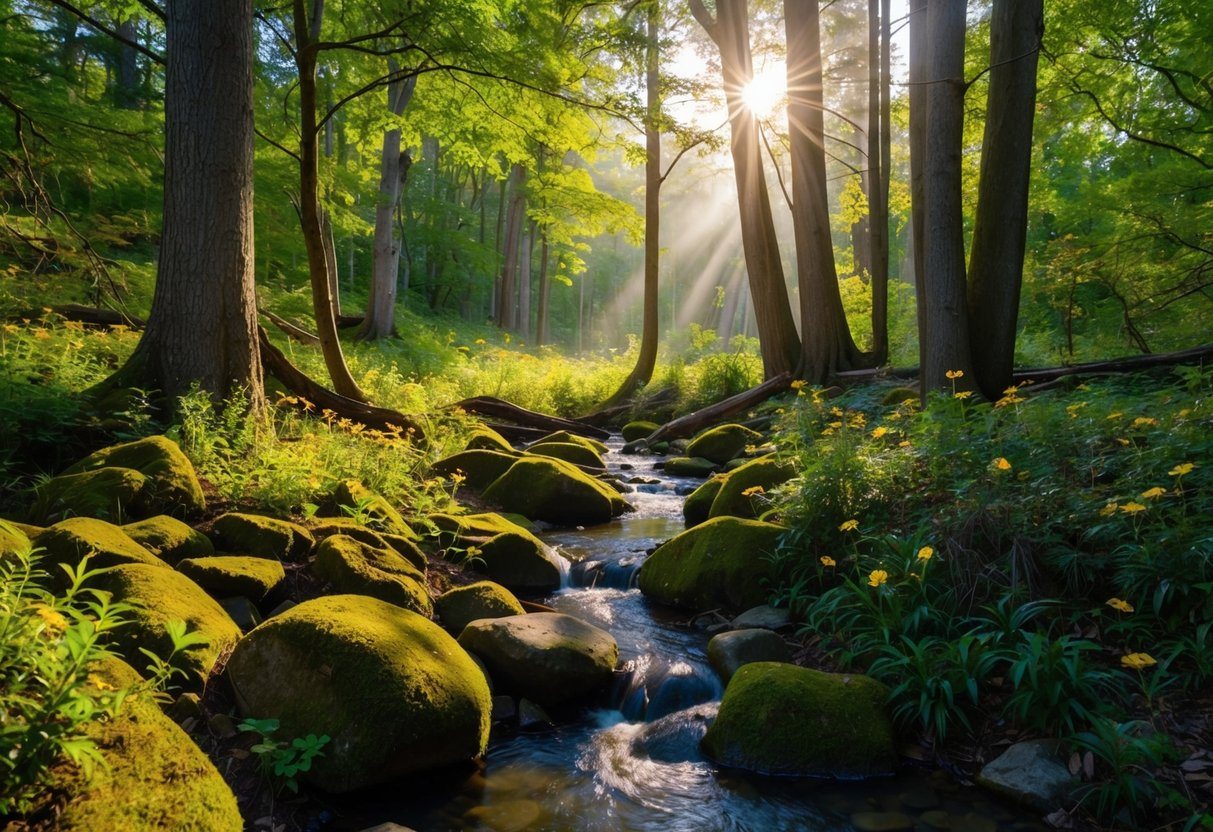 Uma clareira serena na floresta com a luz do sol filtrando-se através das árvores, um pequeno riacho correndo entre as pedras cobertas de musgo e flores silvestres vibrantes florescendo na vegetação rasteira.