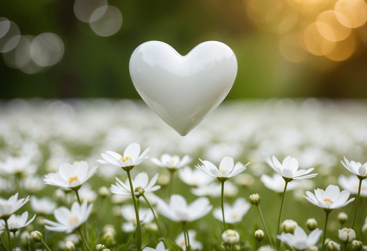 Um coração branco puro flutuando acima de um leito de flores brancas delicadas