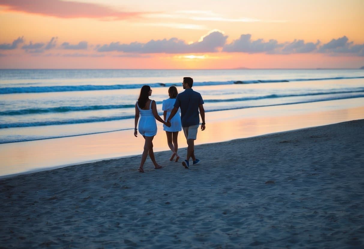 Um casal passeando pela icônica Praia de Copacabana ao pôr do sol, com o céu colorido refletindo nas águas calmas do Oceano Atlântico.