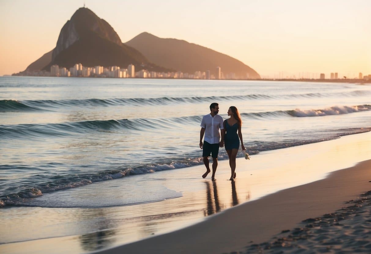 Um casal passeando pela icônica Praia de Copacabana ao pôr do sol, com a luz dourada refletindo nas ondas calmas e a silhueta do Pão de Açúcar ao fundo.