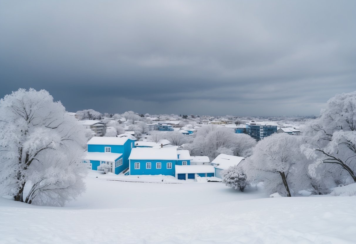 Uma paisagem coberta de neve em Pernambuco, com árvores congeladas e edifícios gelados sob um céu cinza e nublado.