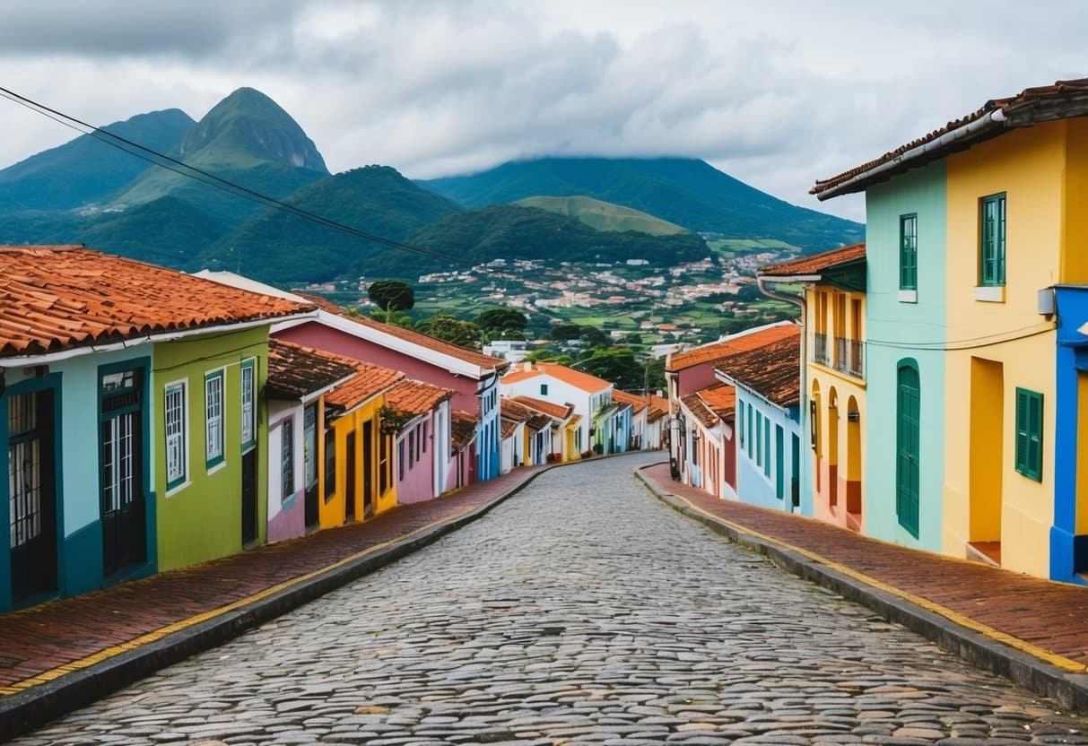 Uma pitoresca rua de paralelepípedos em Triunfo, Pernambuco, com edifícios coloniais coloridos e ao fundo montanhas verdes exuberantes, mostrando a fusão de turismo e cultura na encantadora cidade.