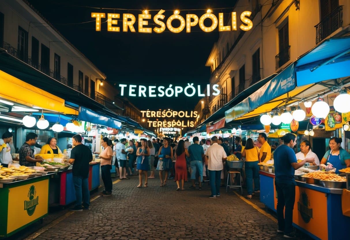 Um animado mercado de rua em Teresópolis à noite, com barracas de comida coloridas, música ao vivo e pessoas aproveitando a atmosfera agitada.