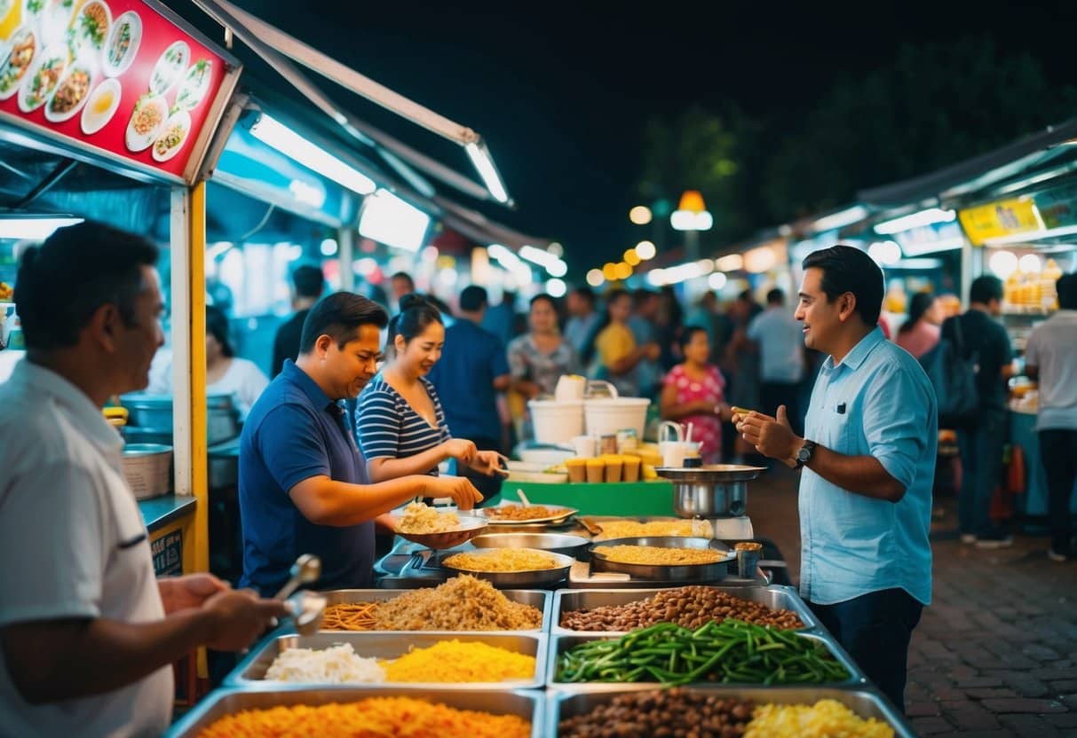 Um movimentado mercado noturno em Teresópolis, com barracas de comida coloridas e música animada