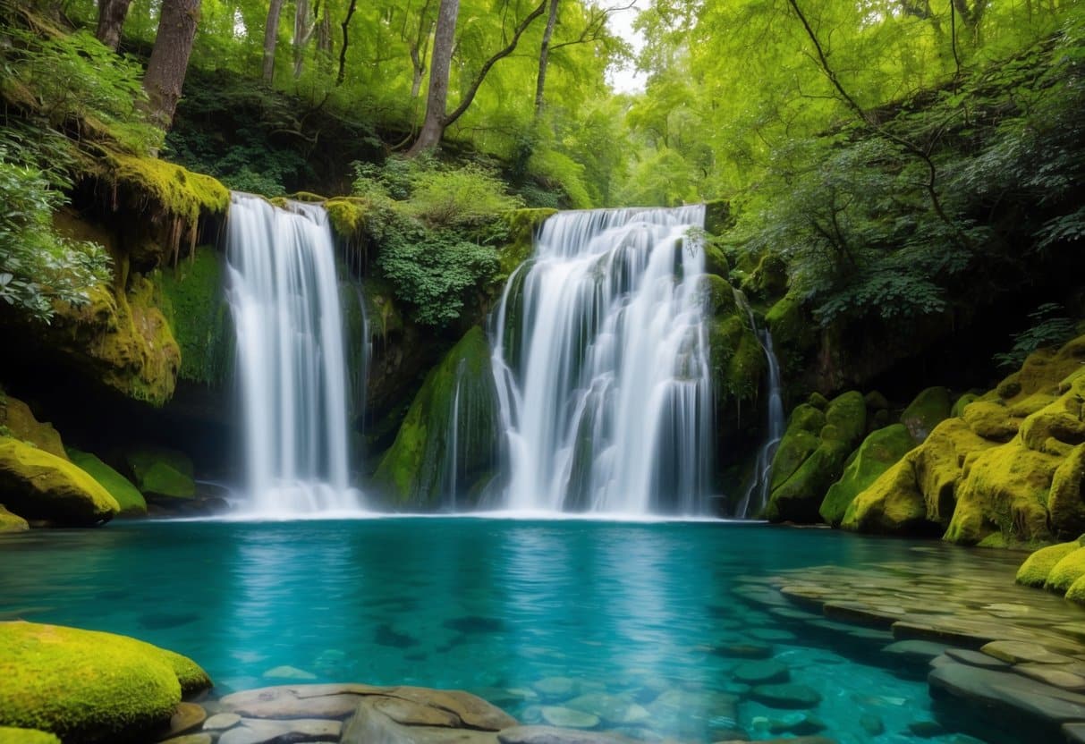 Uma cachoeira serena caindo sobre rochas cobertas de musgo em uma piscina de água cristalina cercada por uma vegetação exuberante