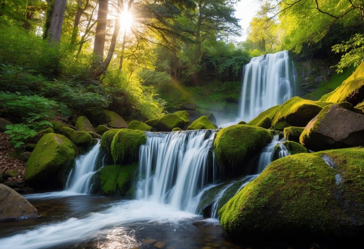 Uma cachoeira serena despenca sobre rochas cobertas de musgo, emoldurada por uma vegetação exuberante e pela luz do sol filtrando através das árvores.