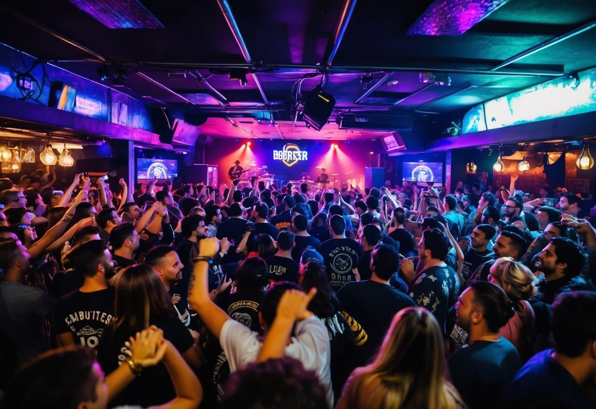 Um bar de rock lotado em Curitiba com música ao vivo, iluminação suave e fãs energéticos