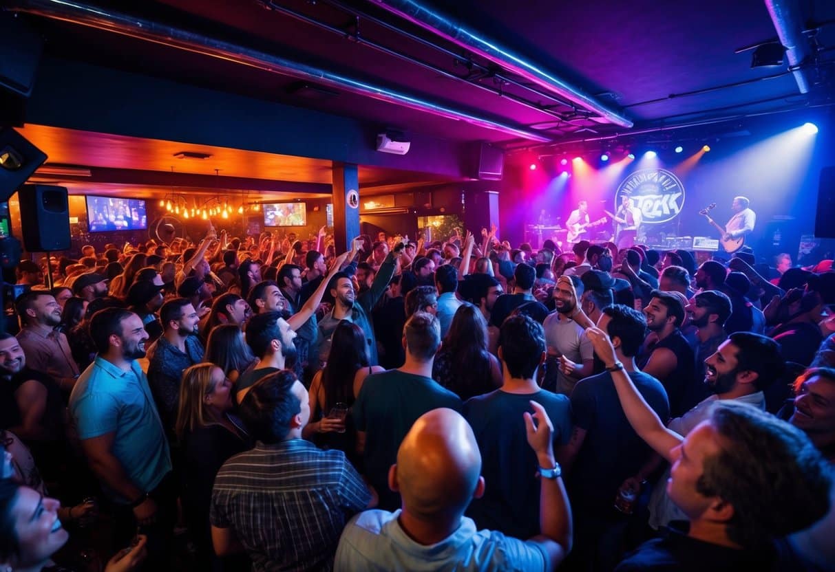 Um animado bar de rock em Curitiba, com iluminação suave, um palco para música ao vivo e uma multidão de clientes entusiasmados aproveitando a atmosfera energética.