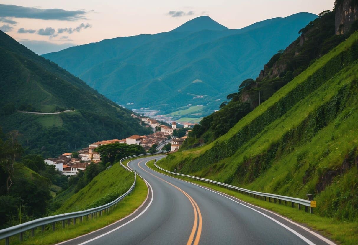 Uma estrada sinuosa através de montanhas verdes e exuberantes, conectando as cidades históricas de Ouro Preto e Tiradentes