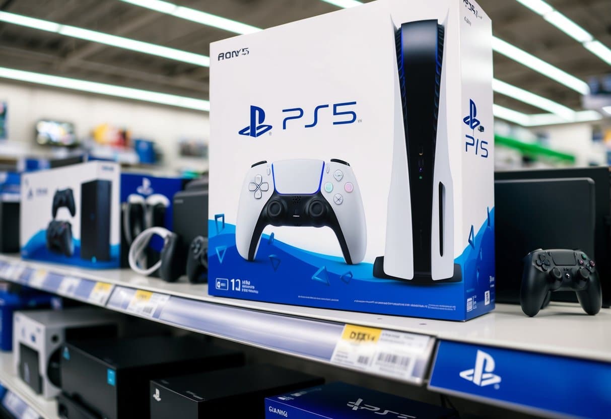 Um PS5 está em uma prateleira de loja nos Estados Unidos, cercado por outros consoles de jogos e acessórios.