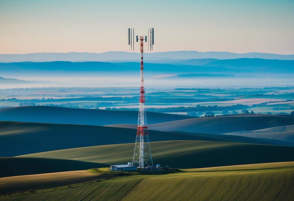 Uma torre de rádio emitindo sinais por uma vasta paisagem de colinas onduladas e campos abertos sob um céu azul claro