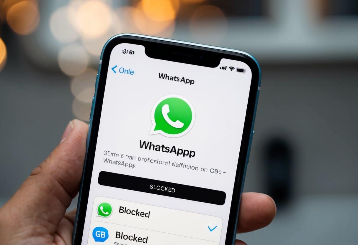 Um smartphone com o aplicativo GB WhatsApp aberto, mostrando um status bloqueado