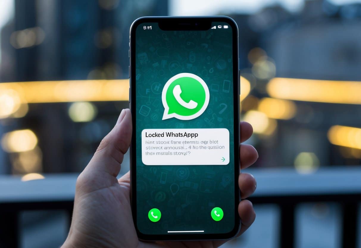 Um smartphone com uma interface personalizada do WhatsApp GB exibindo uma atualização de status bloqueada com um ícone de ponto de interrogação.