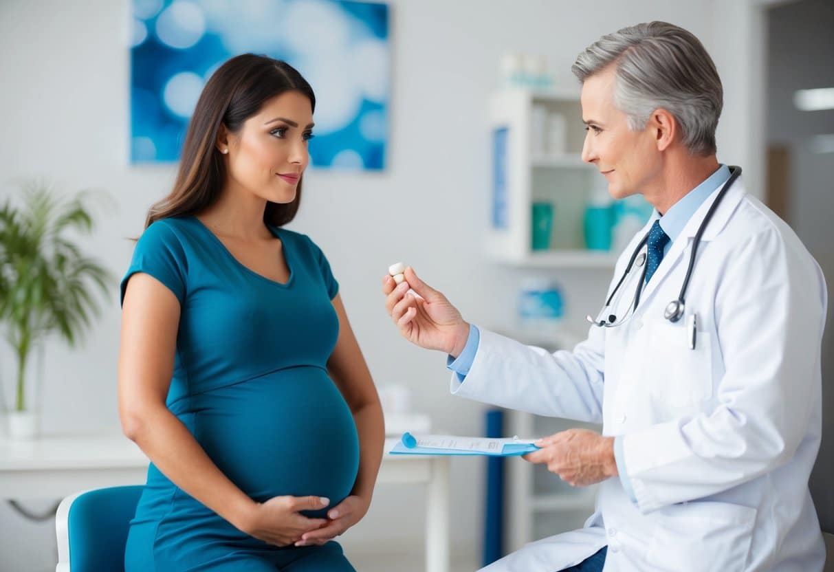 Um médico entregando um comprimido a uma mulher grávida, com uma expressão preocupada no rosto, em um consultório médico estéril.