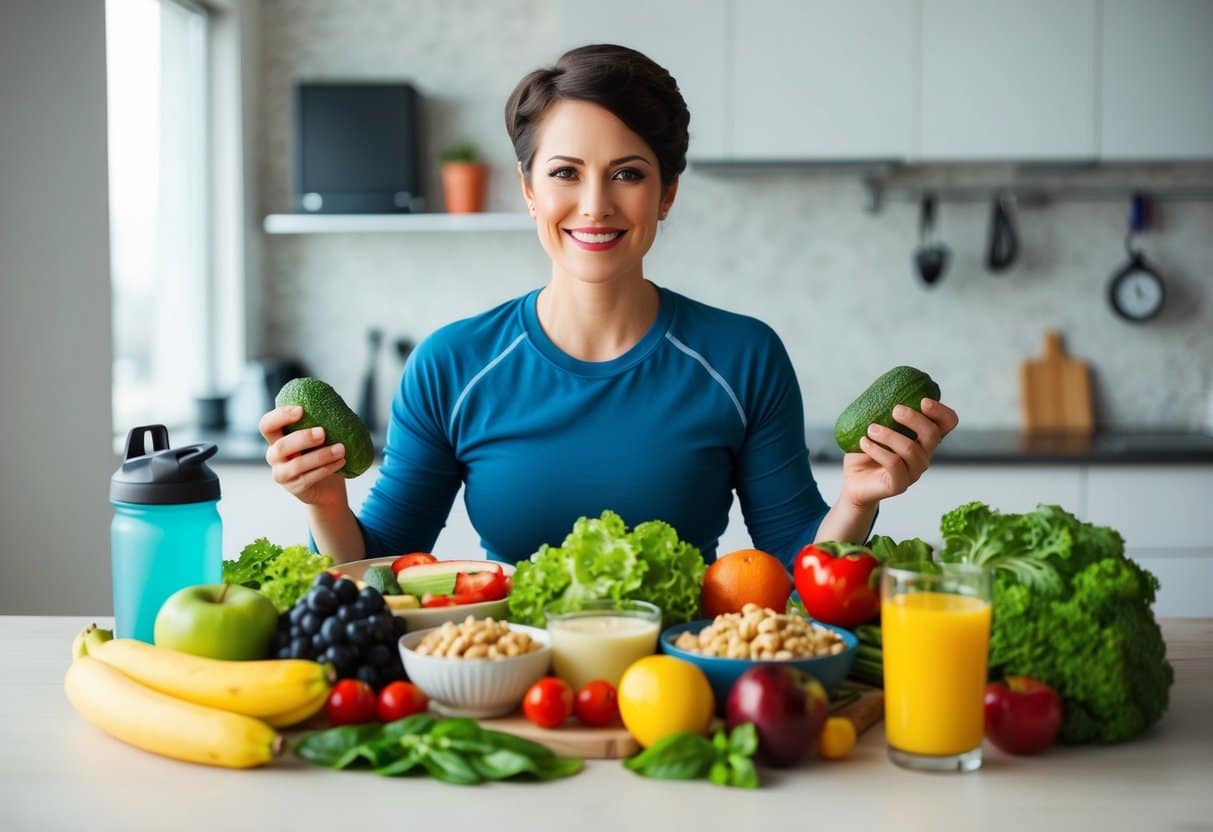 Uma pessoa cercada por alimentos saudáveis e equipamentos de exercício