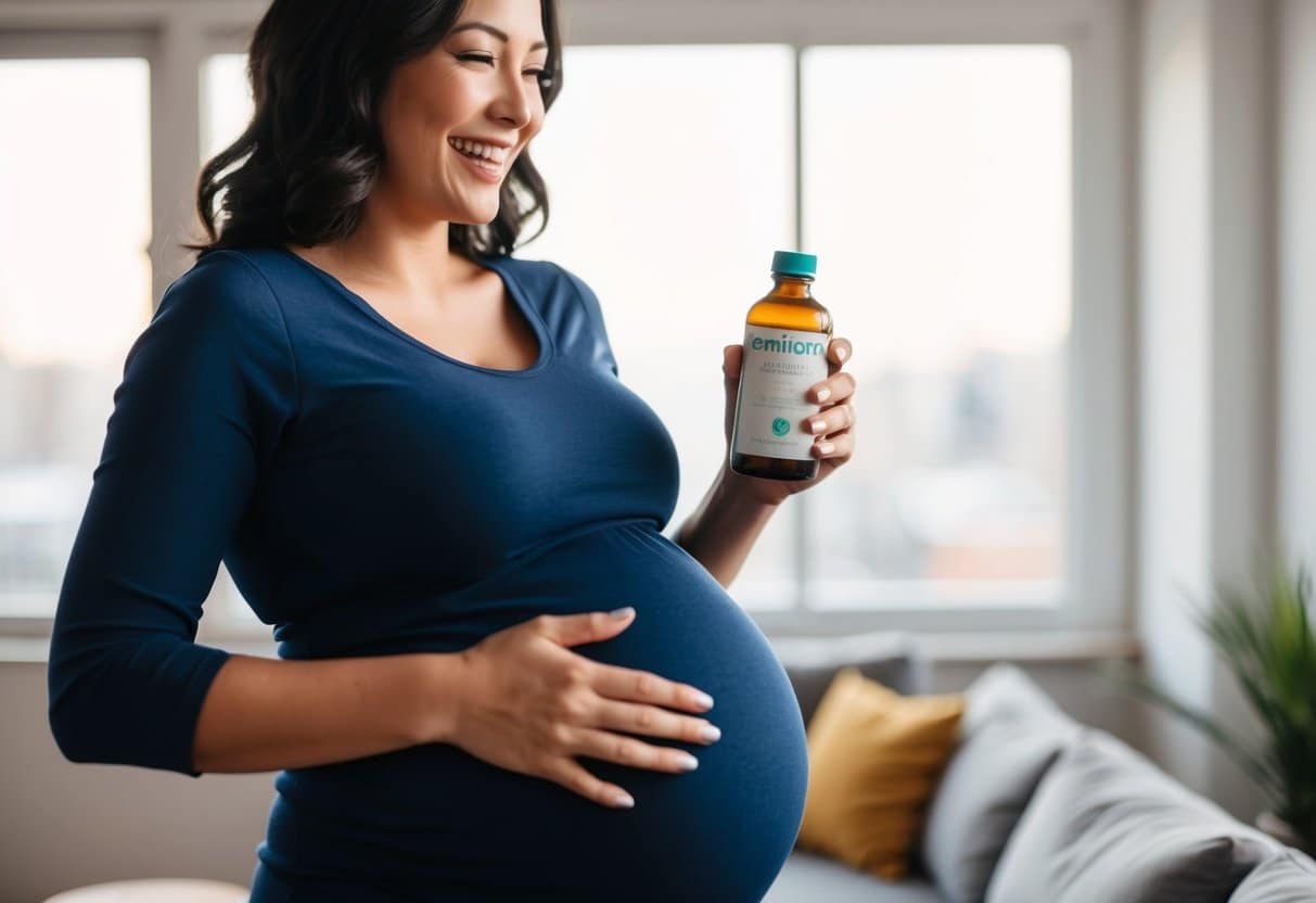 Uma mulher grávida segurando feliz uma garrafa de Femibion 3 enquanto sorri e olha para sua barriga crescente